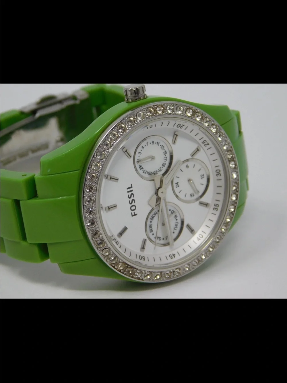Fossil Women's Watch ES 2368 Lime Green Link Chrono White Dial Crystals Ladies